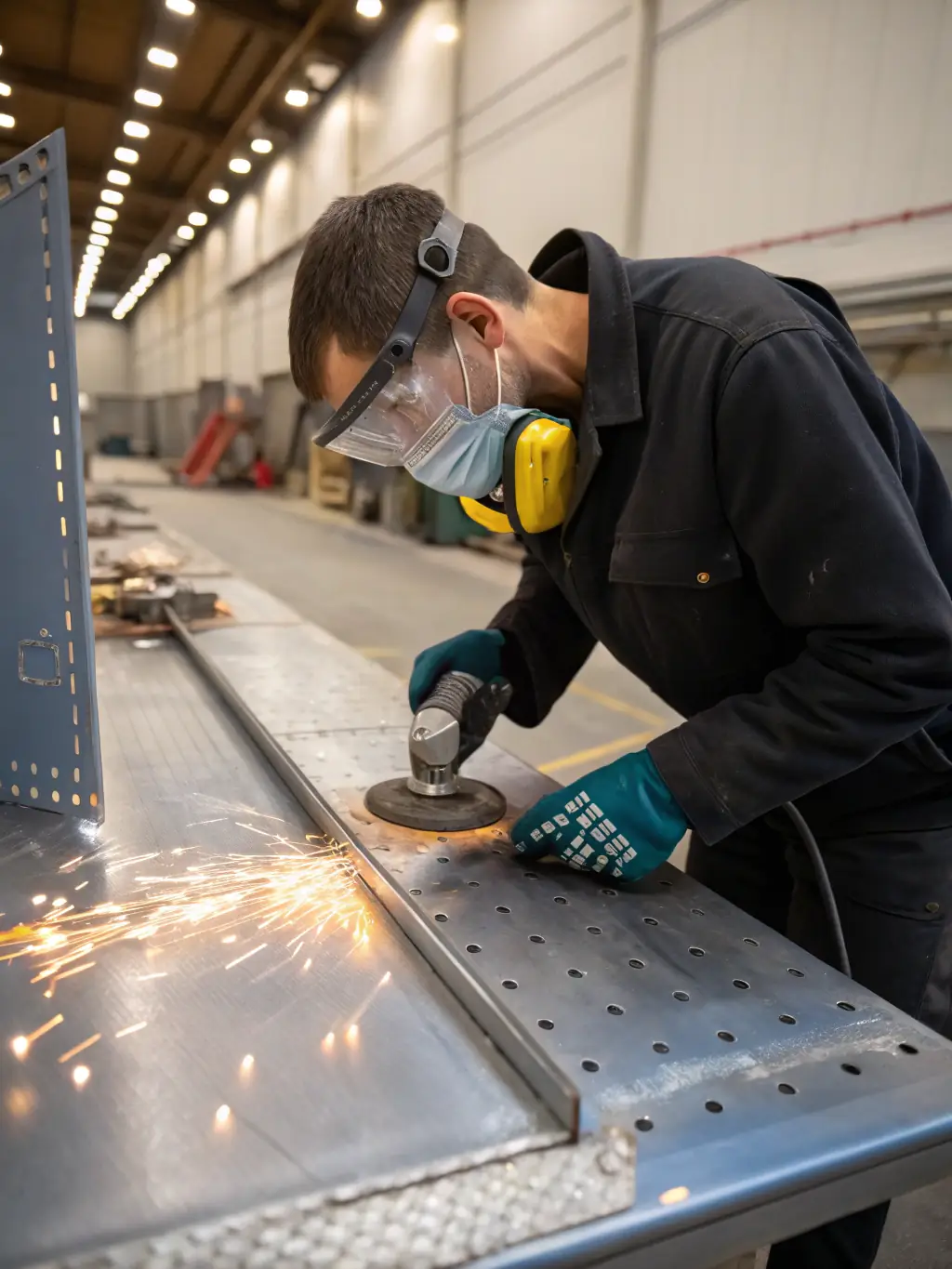 An image of trainees in a painting and blasting workshop, applying coatings to metal surfaces under the guidance of an experienced instructor.