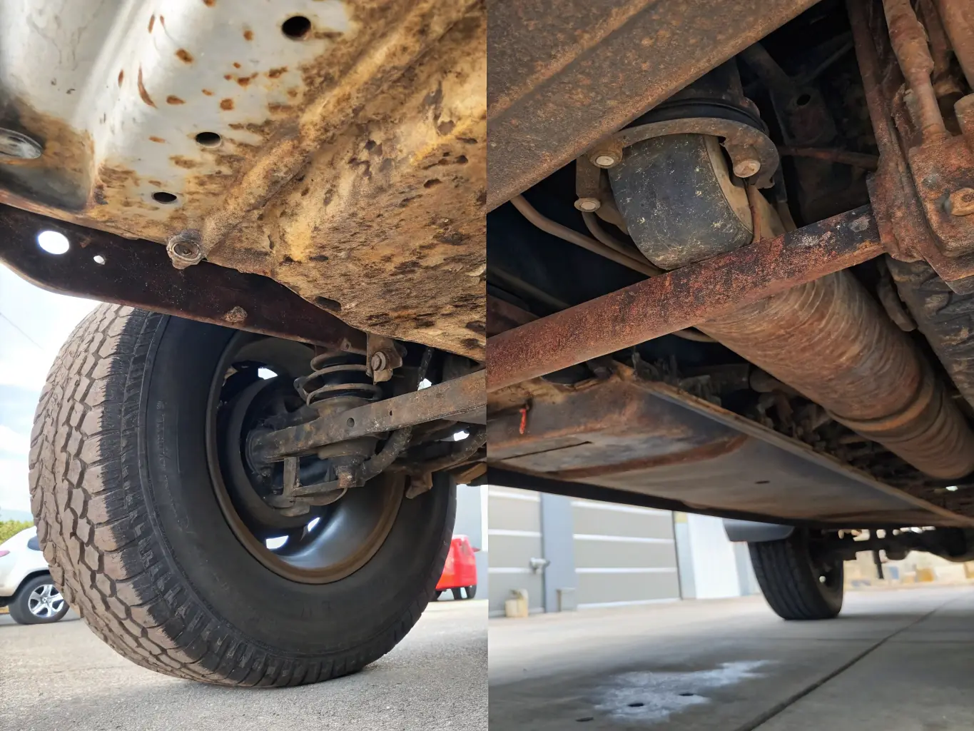 A before-and-after shot showing a rusty, corroded metal surface being transformed into a clean, protected surface after blasting and painting.