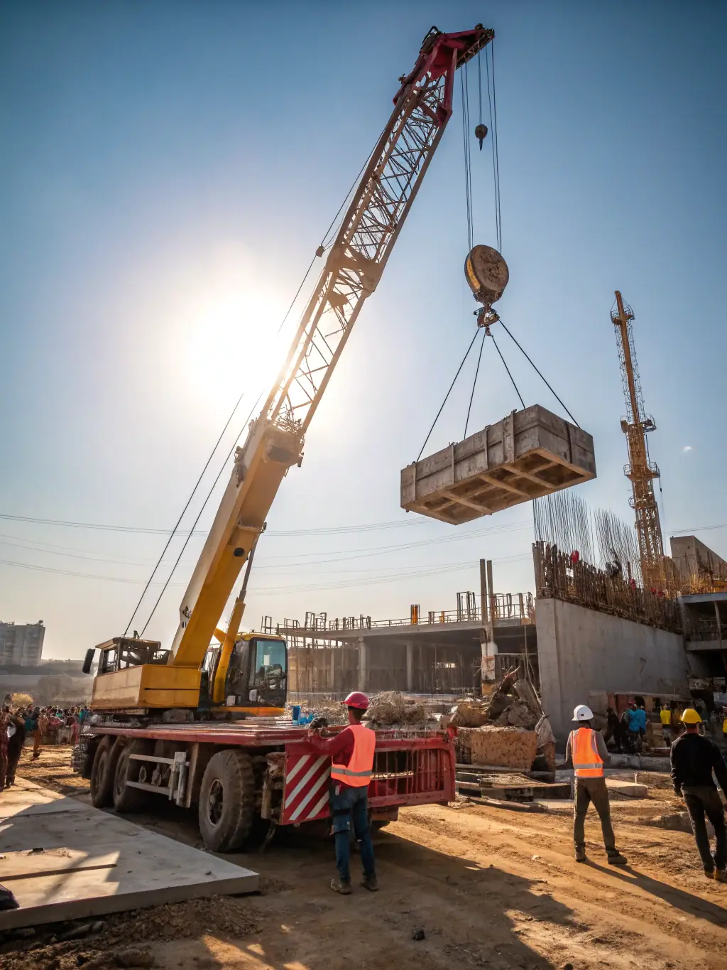 A self-loader truck carefully positioned to lift a large industrial component at a construction site, showcasing Magin Limited's self-loader operations.