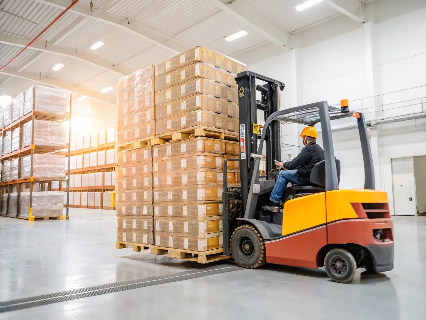 A forklift moving pallets of materials in a warehouse, highlighting the material handling and warehouse support capabilities.
