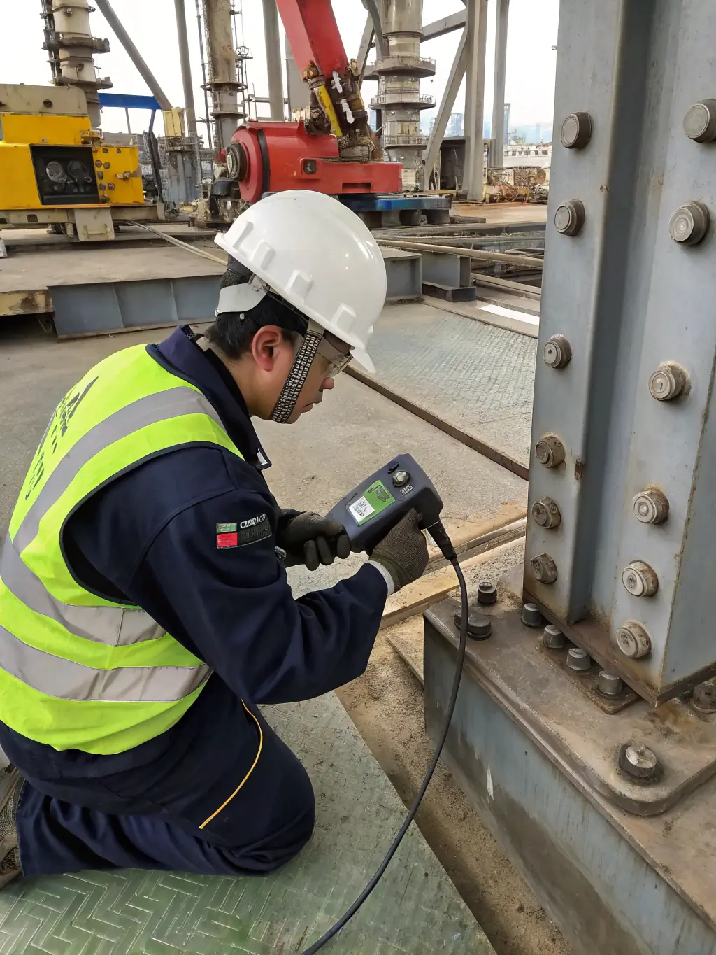 A close-up shot of a technician expertly using NDT equipment on a complex industrial component, highlighting Magin Limited's expertise in ensuring structural integrity.