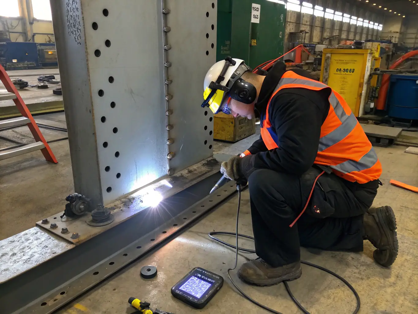 A technician performing Phased Array Ultrasonic Testing (PAUT) on a complex geometric structure, providing detailed imaging and analysis.