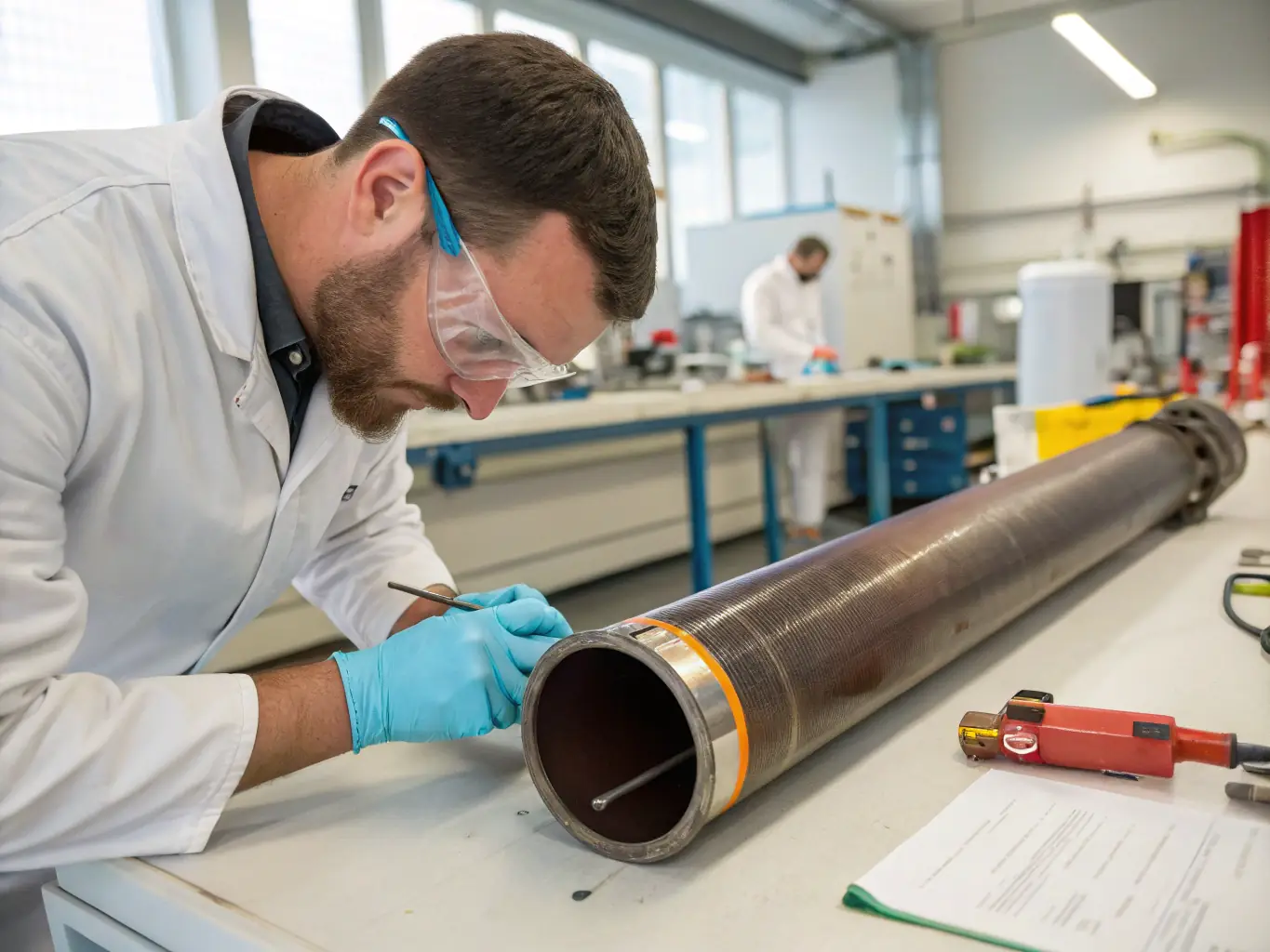 A technician using Long Range Ultrasonic Testing (LRUT) equipment to monitor a pipeline for corrosion over a long distance in an industrial setting.