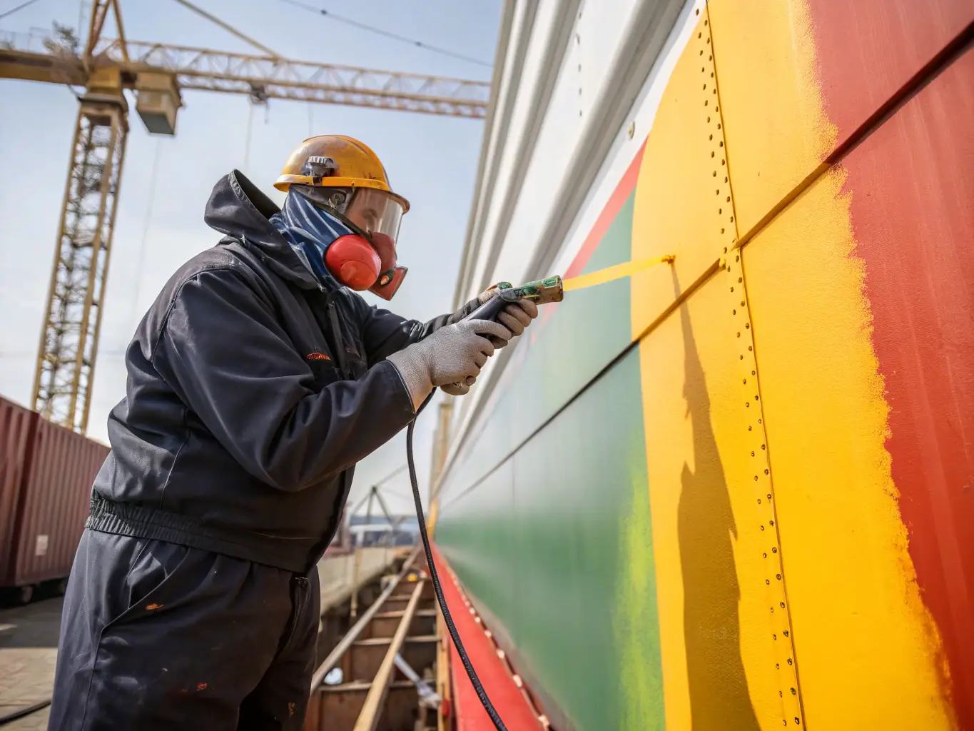 A technician in full protective gear performing coating inspection on a large metal structure, ensuring thorough coverage and adherence to quality standards.