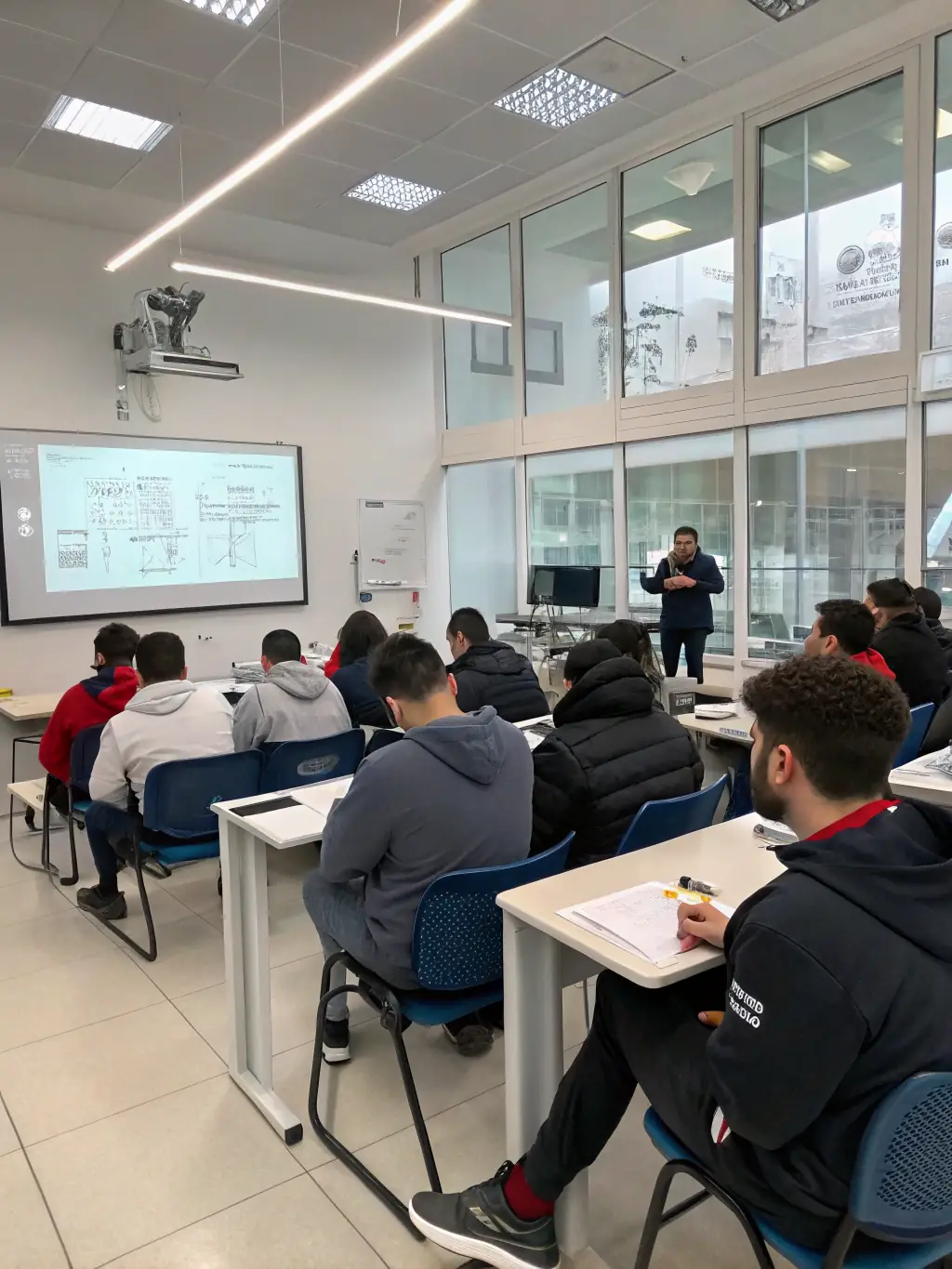 A classroom setting with Magin Limited instructors demonstrating Non-Destructive Testing (NDT) techniques to a group of trainees, focusing on practical application and hands-on learning.