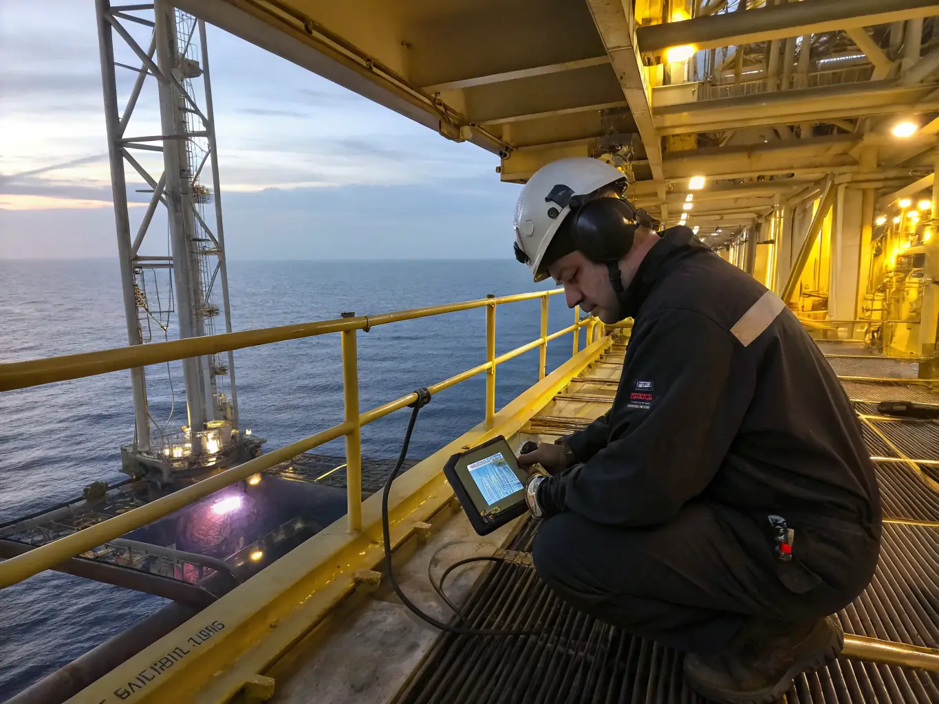 A surveyor examining the welding joints on a marine vessel using ultrasonic testing equipment, with a focus on precision and detail.