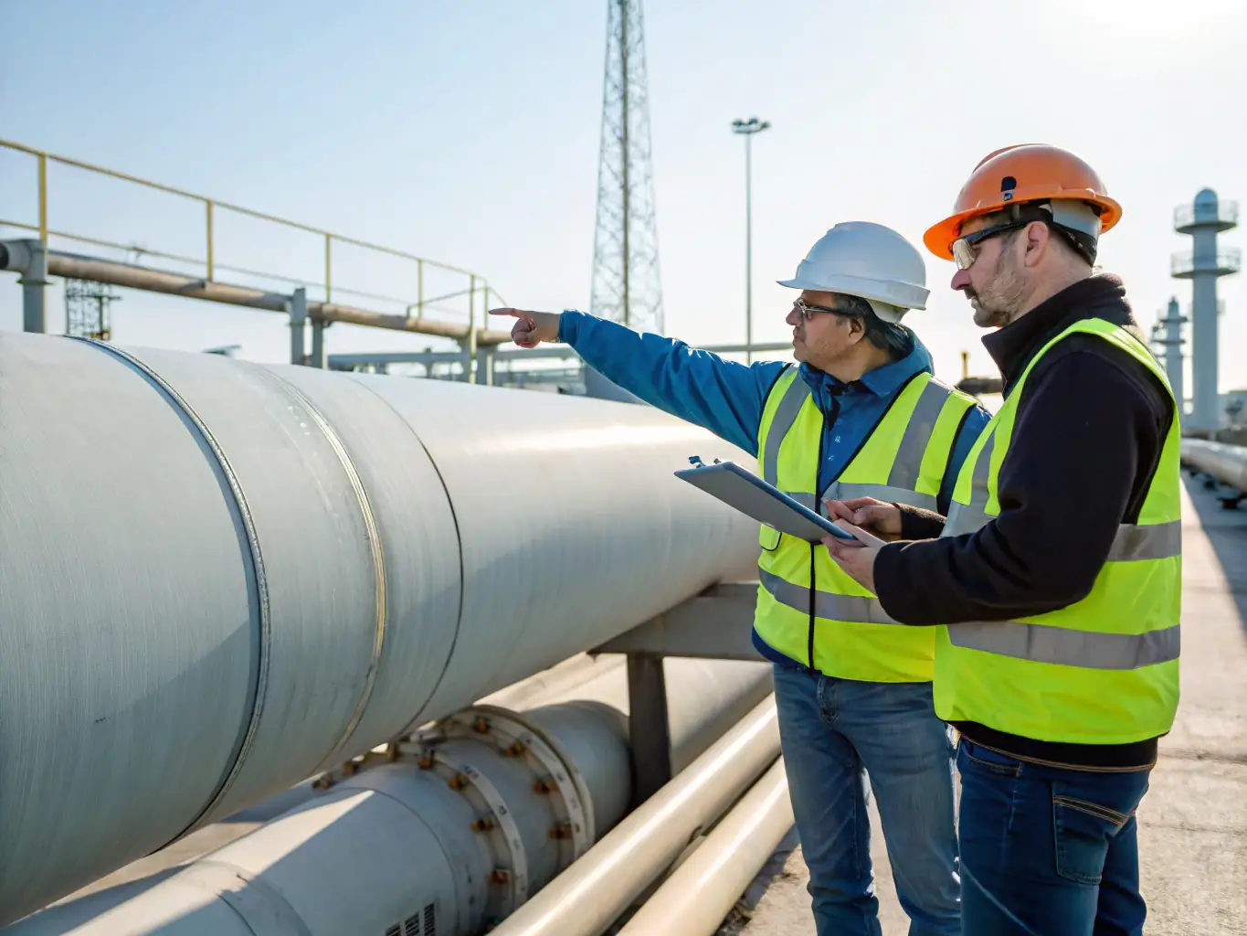 A coating inspector meticulously examines a freshly painted industrial pipeline, ensuring uniform coverage and adherence to quality standards, with safety equipment visible in the background.