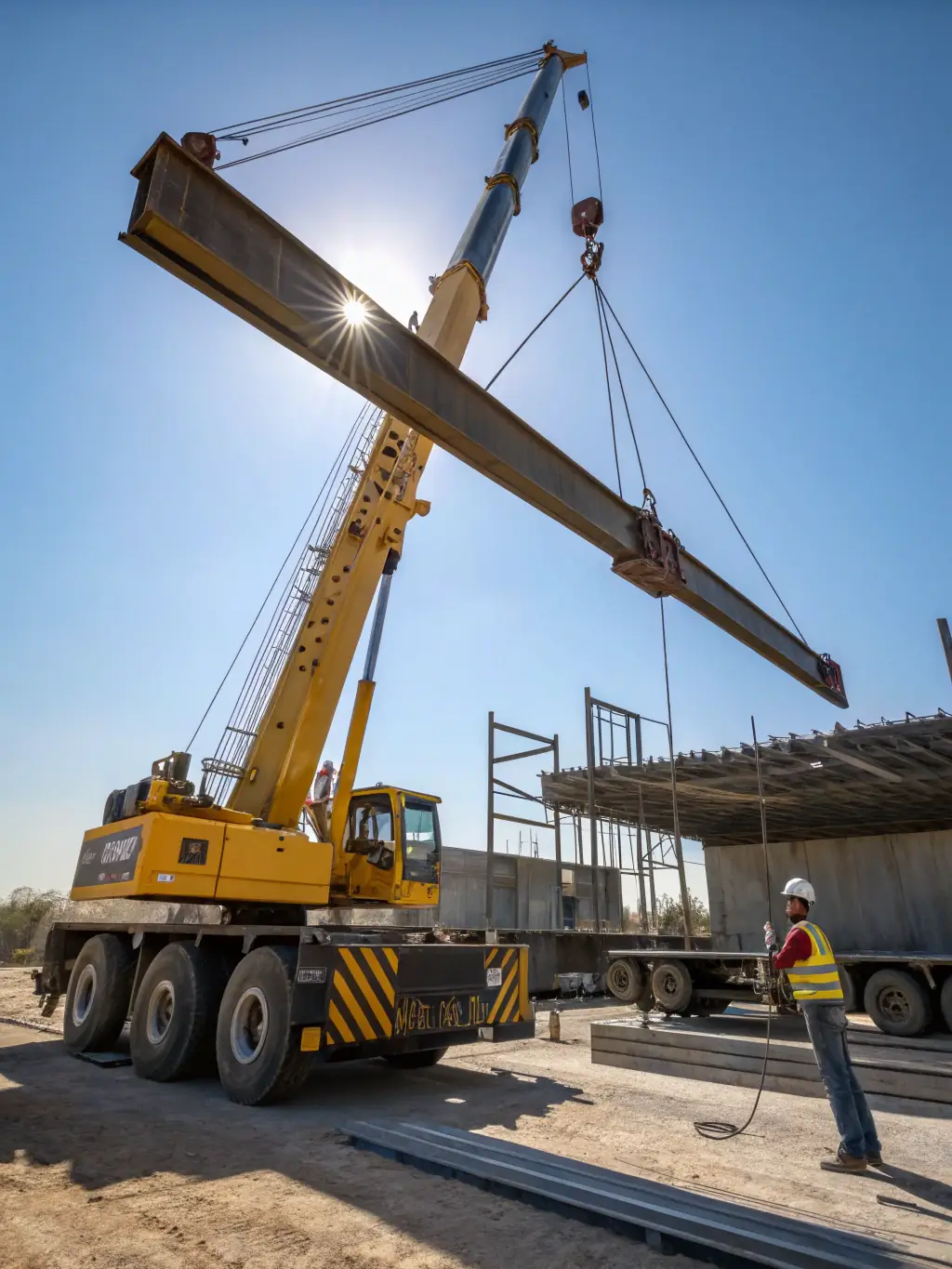 A crane lifting a massive steel beam at a construction site, demonstrating Magin Limited's crane operation capabilities.