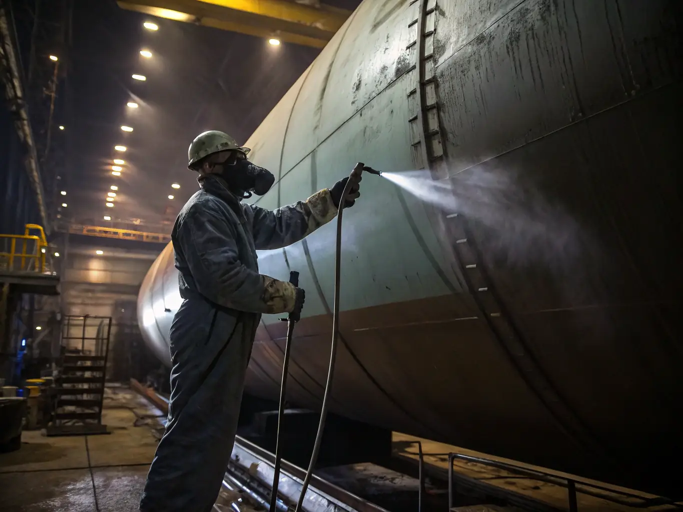 A skilled worker spray painting a large industrial component with precision, ensuring even coverage and a durable finish.