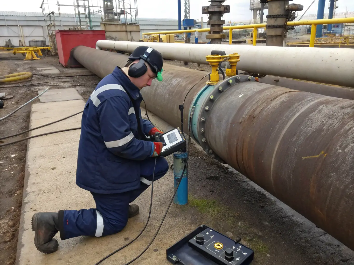 A technician using Ultrasonic Testing equipment to evaluate the thickness and internal flaws of a metal component.