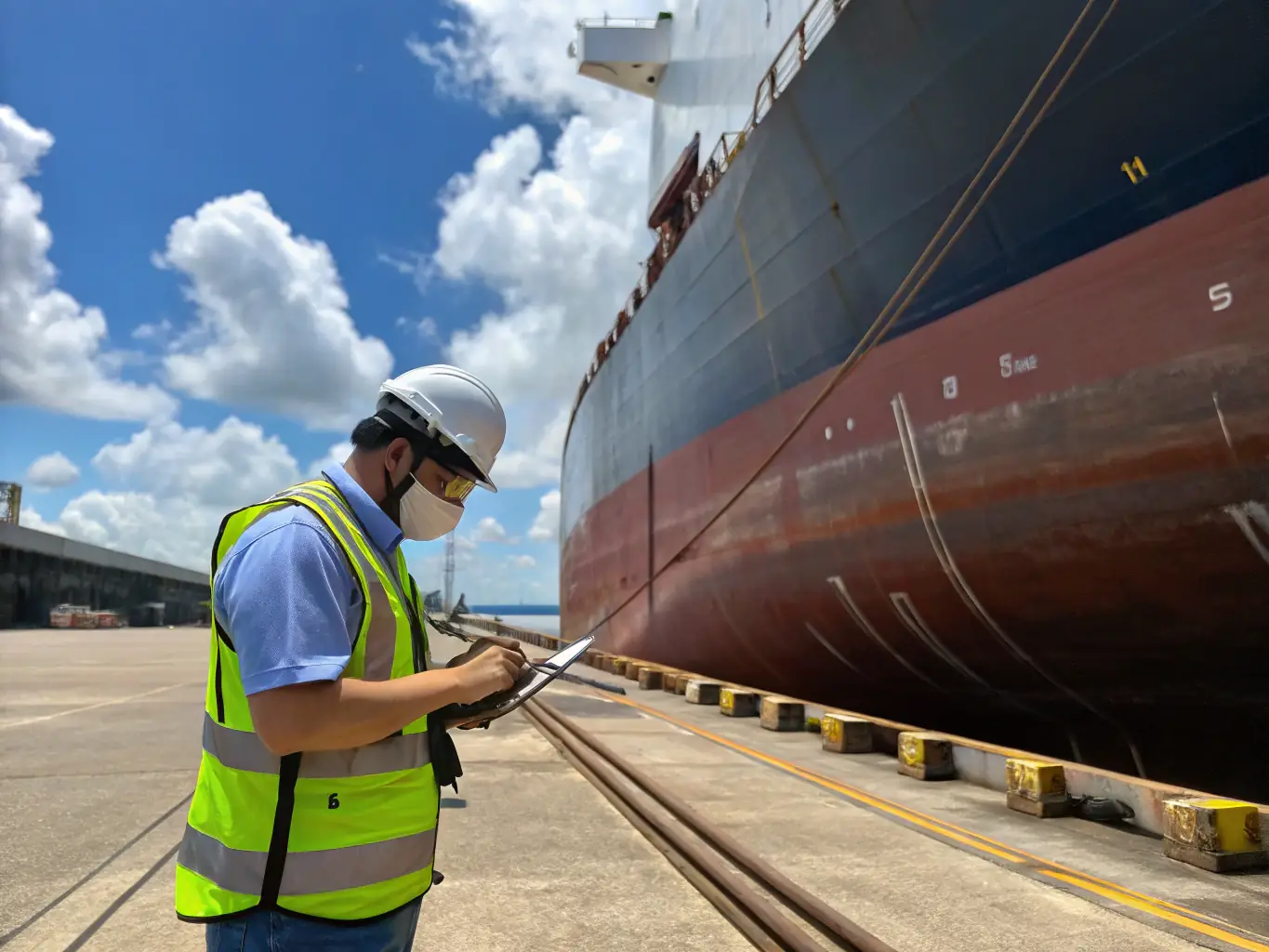 A surveyor in a hard hat inspecting the hull of a large cargo ship in dry dock, with detailed inspection equipment visible.