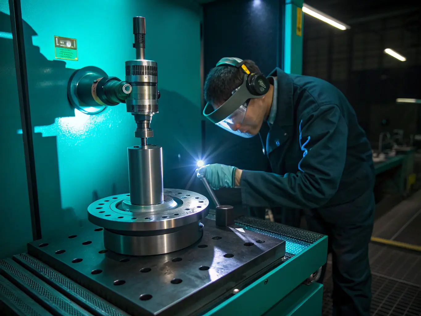 A technician performing Magnetic Particle Inspection on a ferromagnetic material, highlighting surface cracks with magnetic particles.
