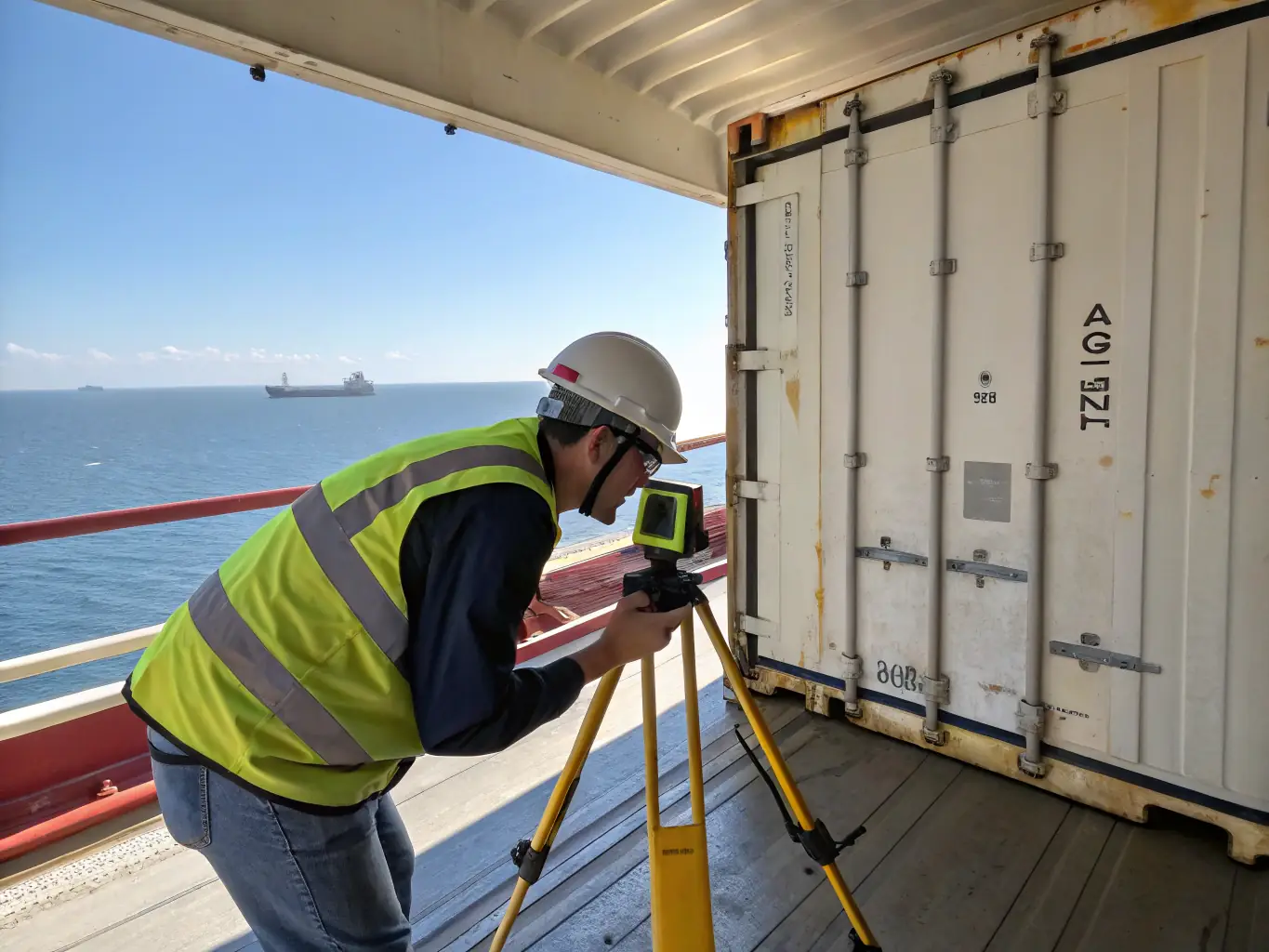 A surveyor in a hardhat and safety vest inspects the hull of a ship in dry dock, using a checklist to verify compliance with ABS class survey standards.