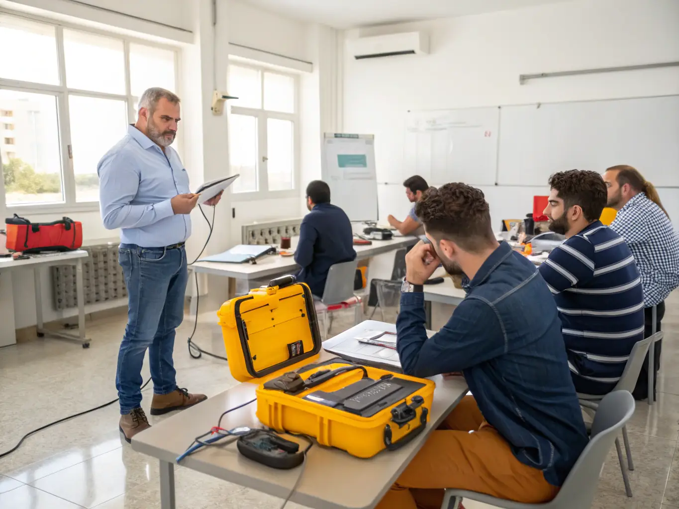 A group of trainees in a classroom setting, focused on a presentation about Non-Destructive Testing (NDT) methods, with an instructor guiding them through the material.